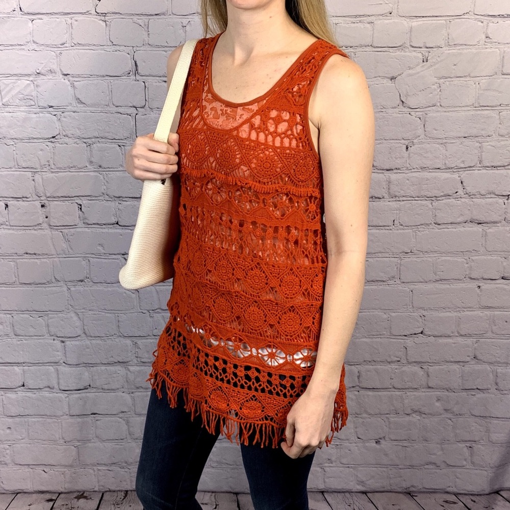 BOHO Orange Crochet Burn Out Tank MEDIUM